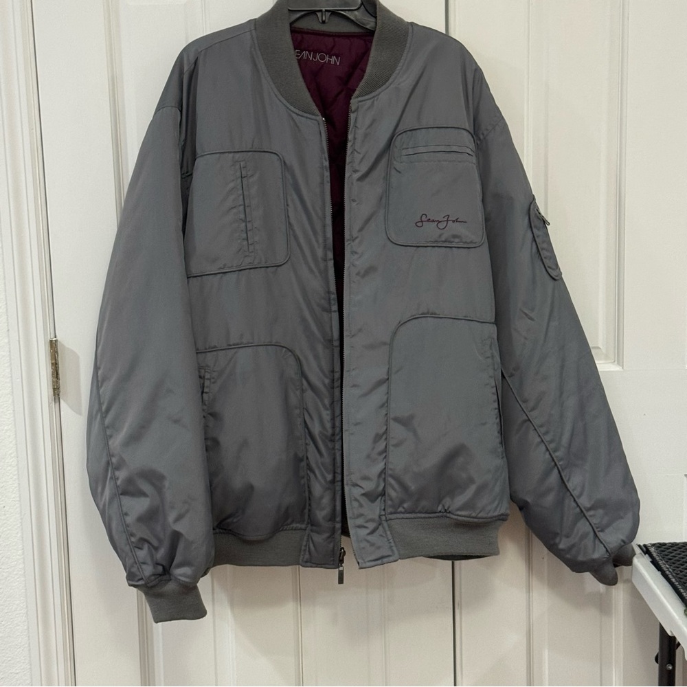Rare Vintage Y2K Sean John‎ Reversible Bomber Jacket – Gray/Burgundy – Size XXL